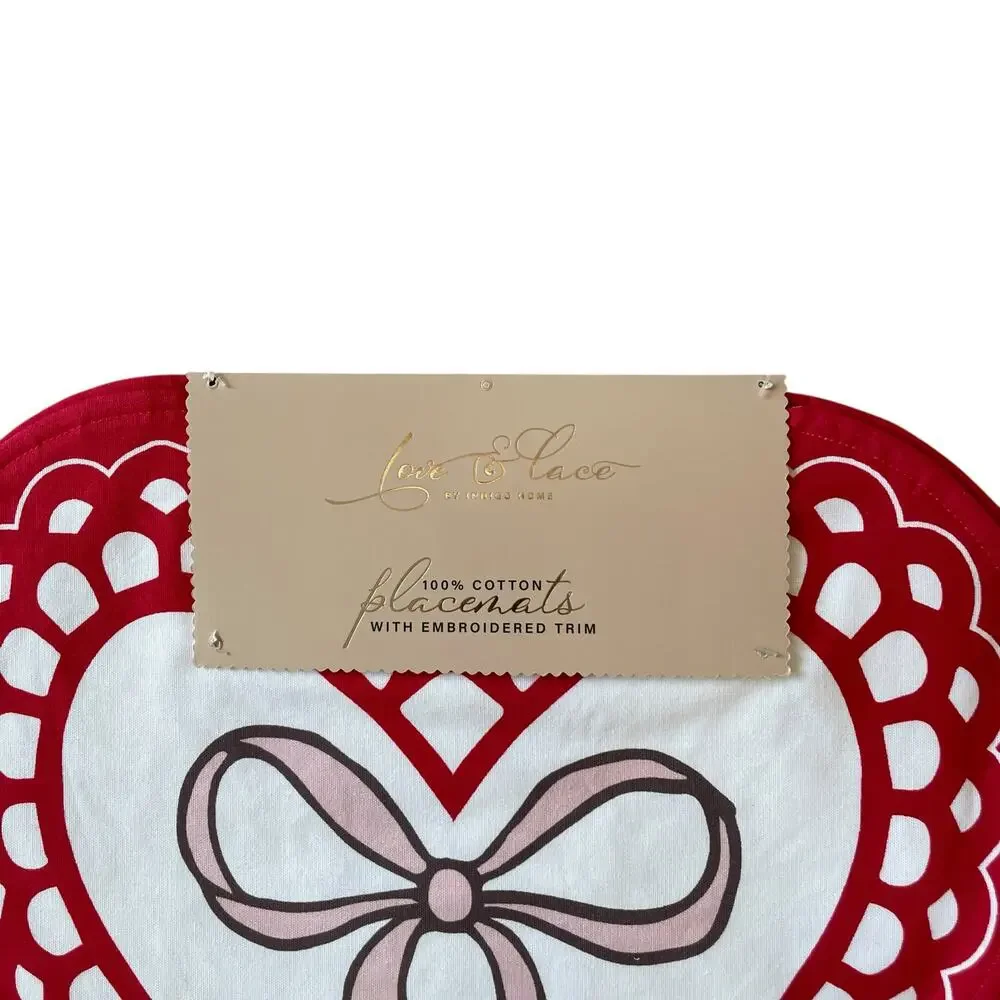 8pc Valentine Heart Placemat & Napkin Set 15in Cotton Pink Red White Love XO NEW